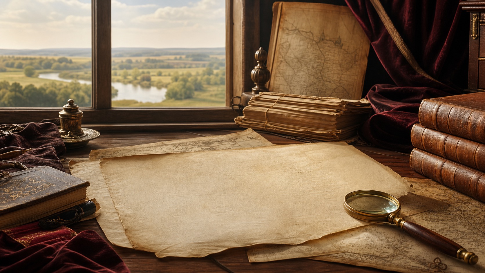 Decorative archive-style banner with parchment, books, maps, and countryside